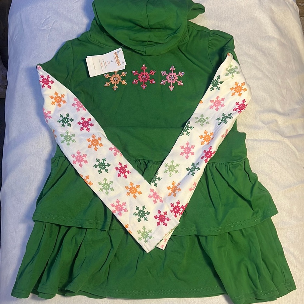 NWT Gymboree green hooded dress with layered sleeves and ruffled bottom.